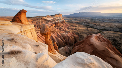 Panoramic view of desert landscape with unique rock formations in warm hues, sedimentary layers, distant barren land, and mountain range under partly cloudy sky. photo