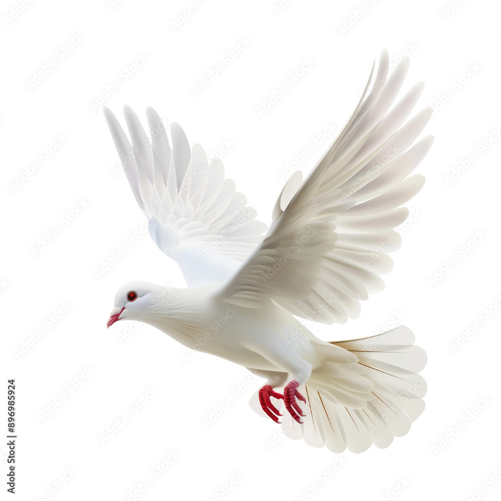 Obraz premium A white dove flying in the air, isolated on a transparent background.