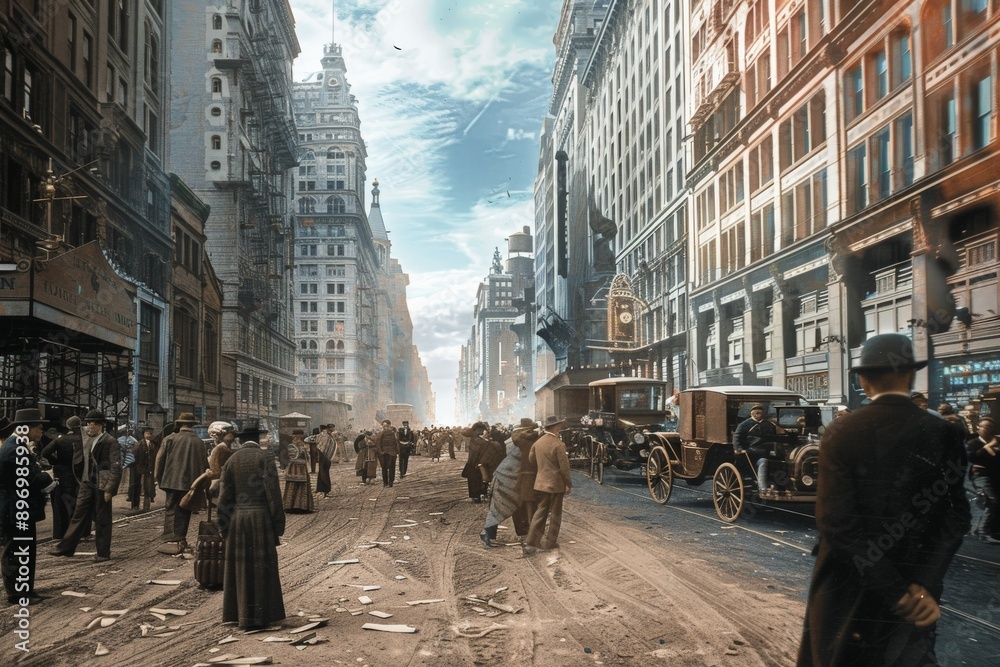 Obraz premium Vintage City Street Scene with Horse-Drawn Carriage.