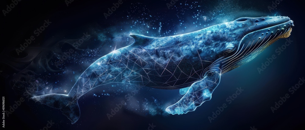Digital Illustration of a Majestic Whale in a Starry Night Sky with Futuristic Geometric Patterns Digital Illustration of a Majestic Whale in a Starry Night Sky with Futuristic Geometric Patterns