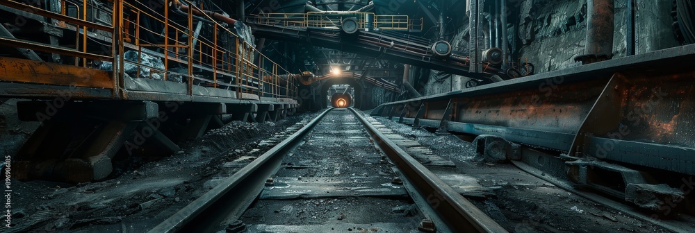 Obraz premium Empty tunnel, post-apocalyptic shelter, rails going into darkness conveyor belt in underground coal mine