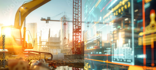 A construction site with an excavator and crane in the background, with an augmented reality screen displaying data and graphs on the construction progress © Anoo