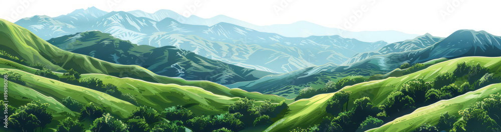 Beautiful green mountains isolated on the edges of a white background, with a detailed landscape. Beautiful green mountains isolated on the edges of a white background, with a detailed landscape.
