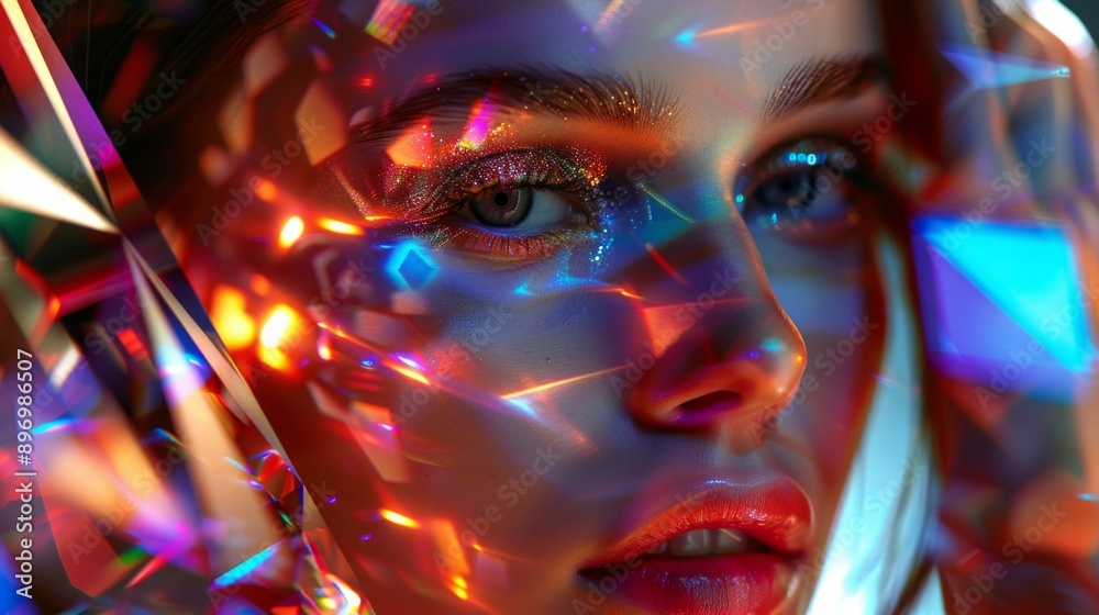 Colorful abstract close-up of a woman's face with vibrant light reflections. Artistic portrait with a futuristic vibe and creative style. Perfect for modern design inspiration and digital artwork. AI Colorful abstract close-up of a woman's face with vibrant light reflections. Artistic portrait with a futuristic vibe and creative style. Perfect for modern design inspiration and digital artwork. AI