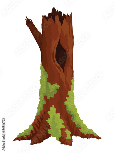 Log, stump in moss. Cartoon tree lichen in swamp jungle. Broken oak in tropical damp forest. Isolated vector design element on white background