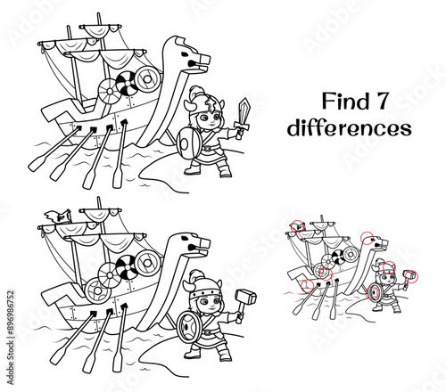 Viking girl next to the ship. Find 7 differences. Tasks for children. Vector illustration