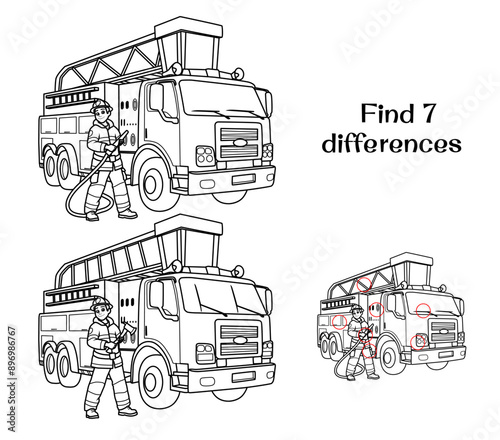 A firefighter next to a fire truck. Find 7 differences. Tasks for children. Vector illustration