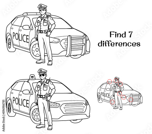 A policeman next to a police car. Find 7 differences. Tasks for children. Vector illustration