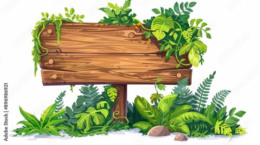 A wooden sign alongside lush green plants and a rocky base, providing a beautiful, nature-centric design perfect for outdoor settings and natural-themed projects. A wooden sign alongside lush green plants and a rocky base, providing a beautiful, nature-centric design perfect for outdoor settings and natural-themed projects.