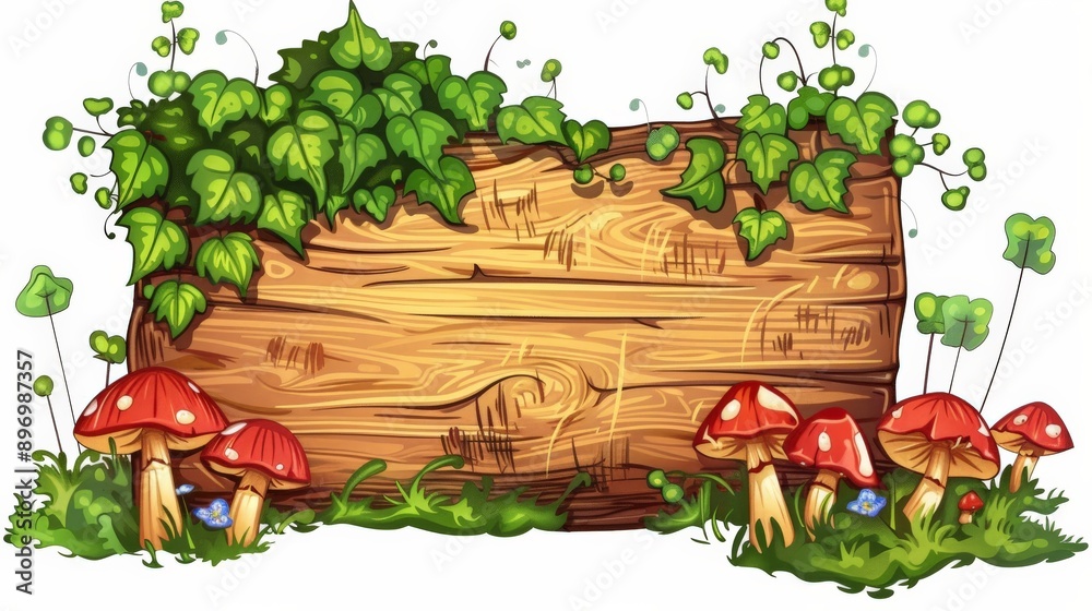 An inviting wooden sign is embellished with red mushrooms, leaves, and creeping foliage, making it suitable for nature-inspired digital designs or fantasy-themed projects. An inviting wooden sign is embellished with red mushrooms, leaves, and creeping foliage, making it suitable for nature-inspired digital designs or fantasy-themed projects.