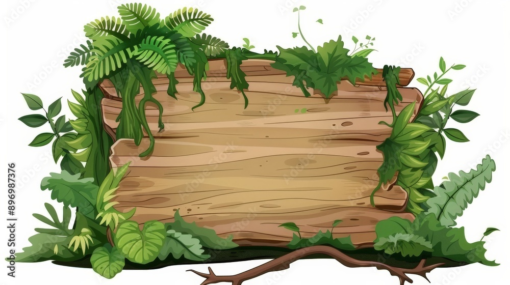 A sturdy wooden sign covered in dense ferns and leafy greenery, creating an impression of being in the heart of a jungle, with a clear space in the middle for text. A sturdy wooden sign covered in dense ferns and leafy greenery, creating an impression of being in the heart of a jungle, with a clear space in the middle for text.