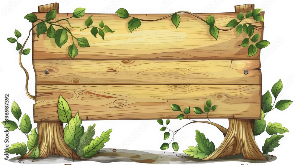 A rustic wooden sign supported by tree trunks with leafy vines climbing across the sign, creating a natural and eco-friendly framework for text or messages. A rustic wooden sign supported by tree trunks with leafy vines climbing across the sign, creating a natural and eco-friendly framework for text or messages.