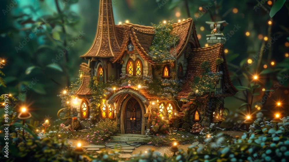 Obraz premium A large Gothic-style house situated in a dense forest, illuminated beautifully by fireflies. The whimsical, dreamlike scene is bright and full of intricate detailing for a fairytale feel.