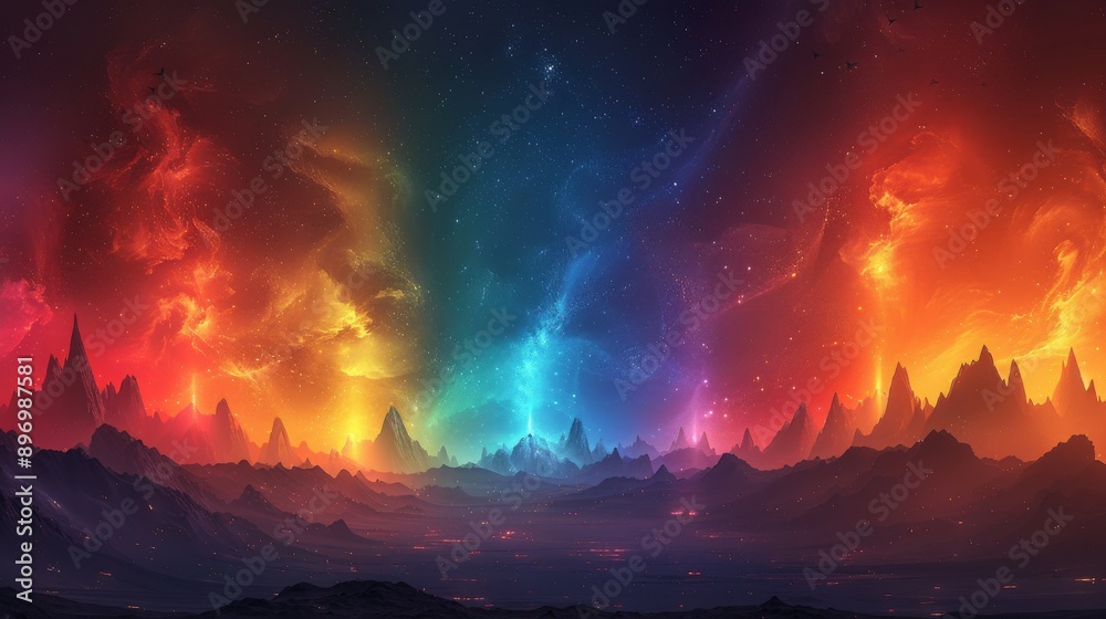 Fototapeta premium Fantasy Landscape with Rainbow Nebula and Mountain Range.