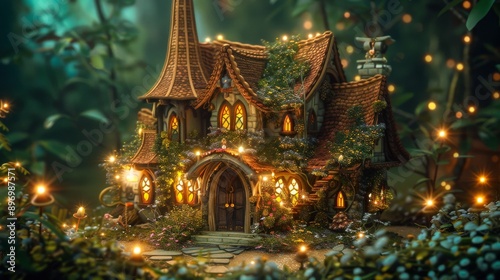 Wallpaper Mural A large Gothic-style house situated in a dense forest, illuminated beautifully by fireflies. The whimsical, dreamlike scene is bright and full of intricate detailing for a fairytale feel. Torontodigital.ca