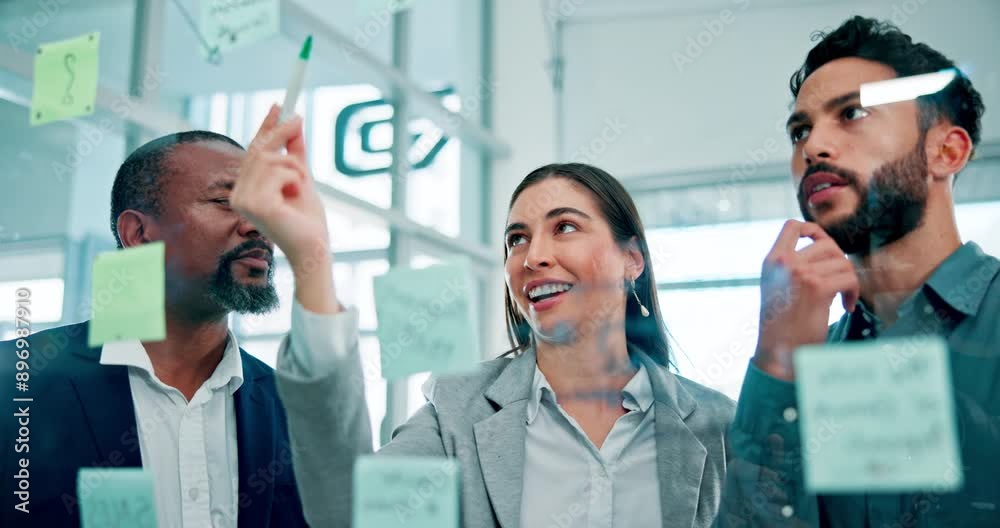 Workshop, thinking and business people at glass wall with smile, brainstorming or collaboration at startup. Problem solving, happy woman and professional men with discussion, office planning or ideas