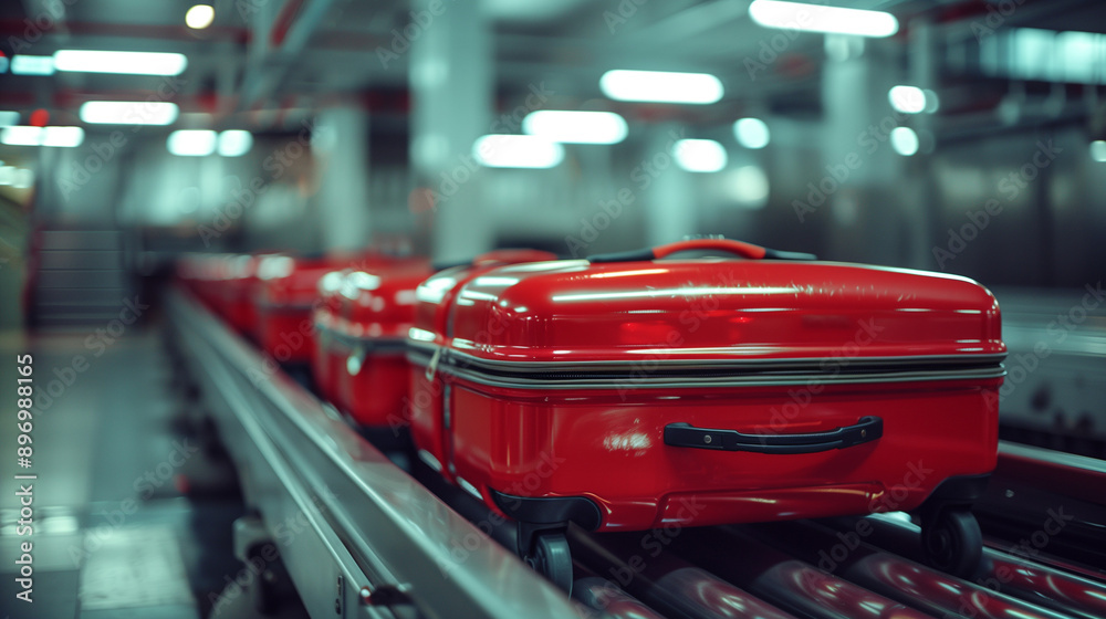 Red suitcases on a conveyor belt in an airport baggage handling area.