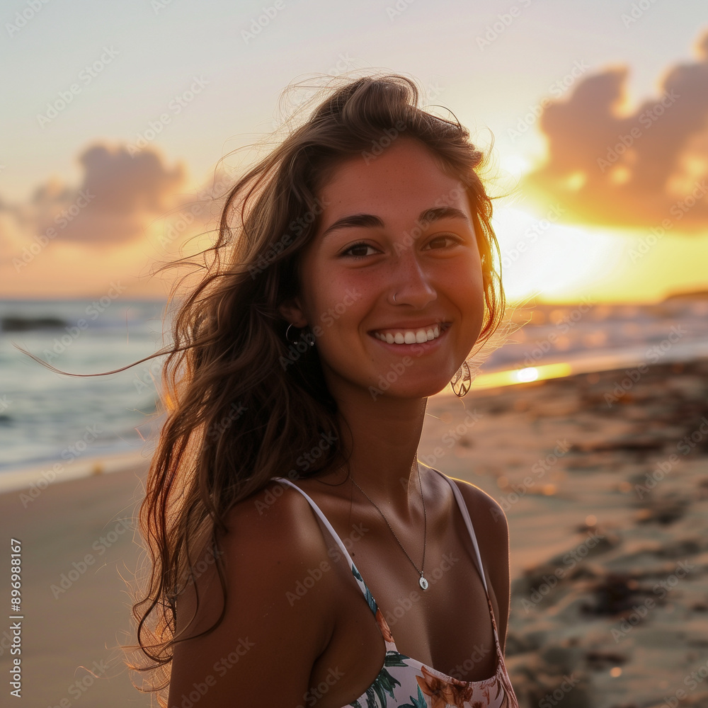 A smiling girl on the beach at sunset A smiling girl on the beach at sunset