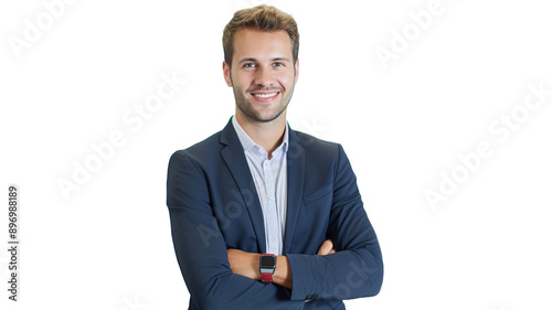 Young positive caucasian businessman isolated on transparent background.
