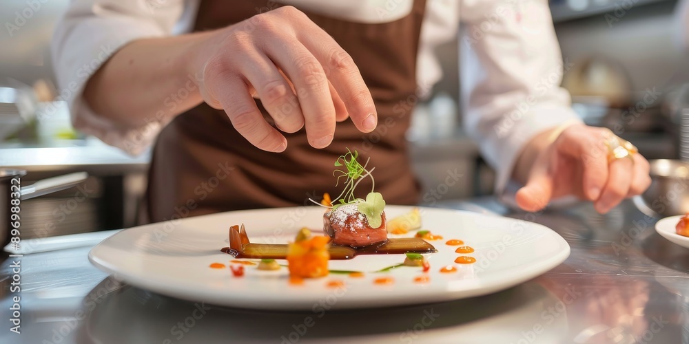 A chef plating a gourmet dish with artistic flair, arranging food elements meticulously on a white plate A chef plating a gourmet dish with artistic flair, arranging food elements meticulously on a white plate
