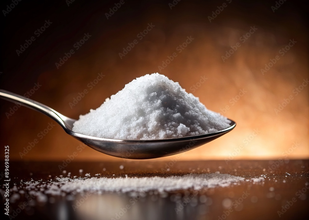 A delicate semi-transparent teaspoon holds a small mound of white crystalline powder, resembling salt, sugar, or bicarbonate, shot against a versatile dark, colored, or light background. A delicate semi-transparent teaspoon holds a small mound of white crystalline powder, resembling salt, sugar, or bicarbonate, shot against a versatile dark, colored, or light background.
