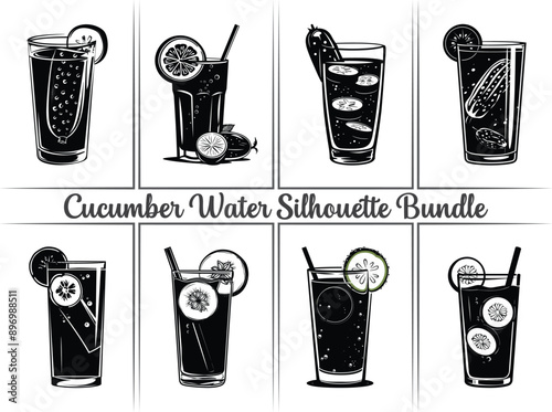 Cucumber water silhouette. A stylish set of icons featuring summer beverages in glass cups with straws, cucumber slices, and ice cubes. Perfect for pictograms, logos, and drink clipart elements.
