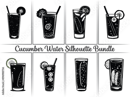 Cucumber water silhouette. A stylish set of icons featuring summer beverages in glass cups with straws, cucumber slices, and ice cubes. Perfect for pictograms, logos, and drink clipart elements.
