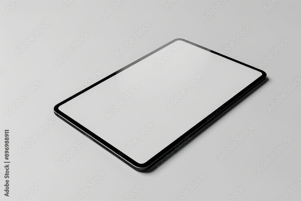 A sleek black tablet lying flat on a gray surface, featuring a blank screen ready for use. Ideal for showcasing digital art, presentations, or applications. A sleek black tablet lying flat on a gray surface, featuring a blank screen ready for use. Ideal for showcasing digital art, presentations, or applications.