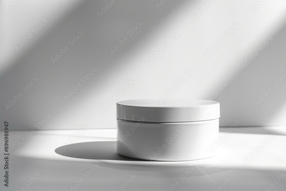 A white cylindrical container is captured under bright lighting, casting soft shadows that highlight its smooth and clean design, ideal for product display. A white cylindrical container is captured under bright lighting, casting soft shadows that highlight its smooth and clean design, ideal for product display.