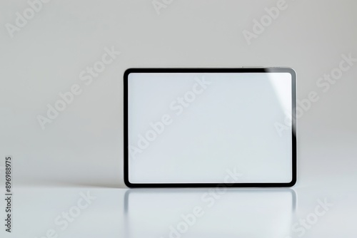 A sleek tablet with a black border placed horizontally on a white surface, capturing its modern design and technological elegance, perfect for any tech enthusiast. photo