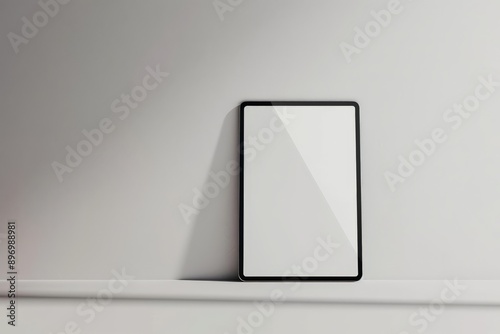 A tablet with a sleek black border is shown leaning vertically on a white surface, displaying its modern and sophisticated design elements. photo