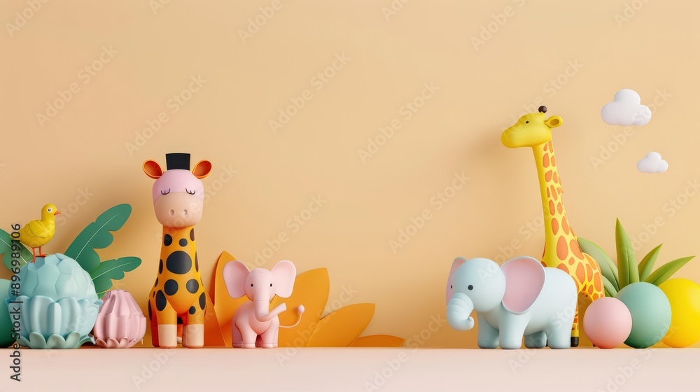 A colorful collection of animal toys including a giraffe, elephant, and other figures arranged against a yellow background. A colorful collection of animal toys including a giraffe, elephant, and other figures arranged against a yellow background.
