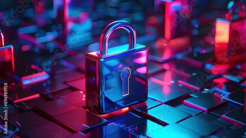 Abstract digital security concept with colorful neon lights and a metallic padlock representing cyber protection and data encryption.