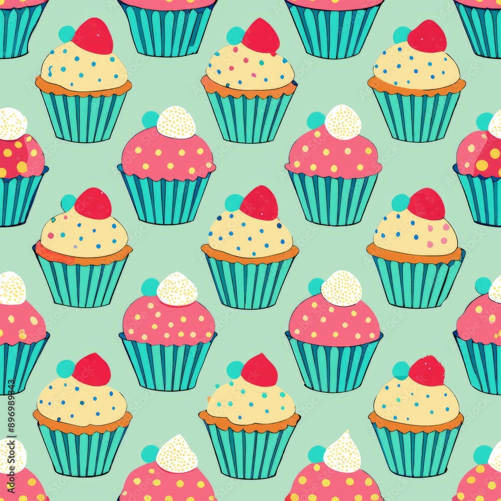 Seamless pattern of cupcakes with polka dot wrappers, Generative AI Seamless pattern of cupcakes with polka dot wrappers, Generative AI