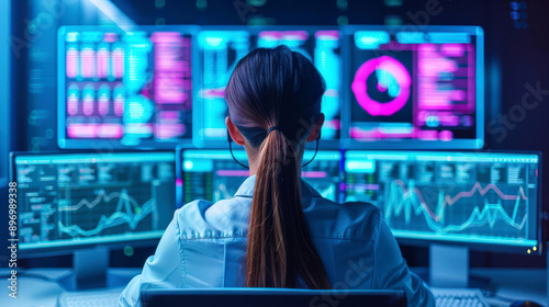 A woman analyzing data on multiple computer screens in a technology-focused office. High-tech work environment with modern equipment.