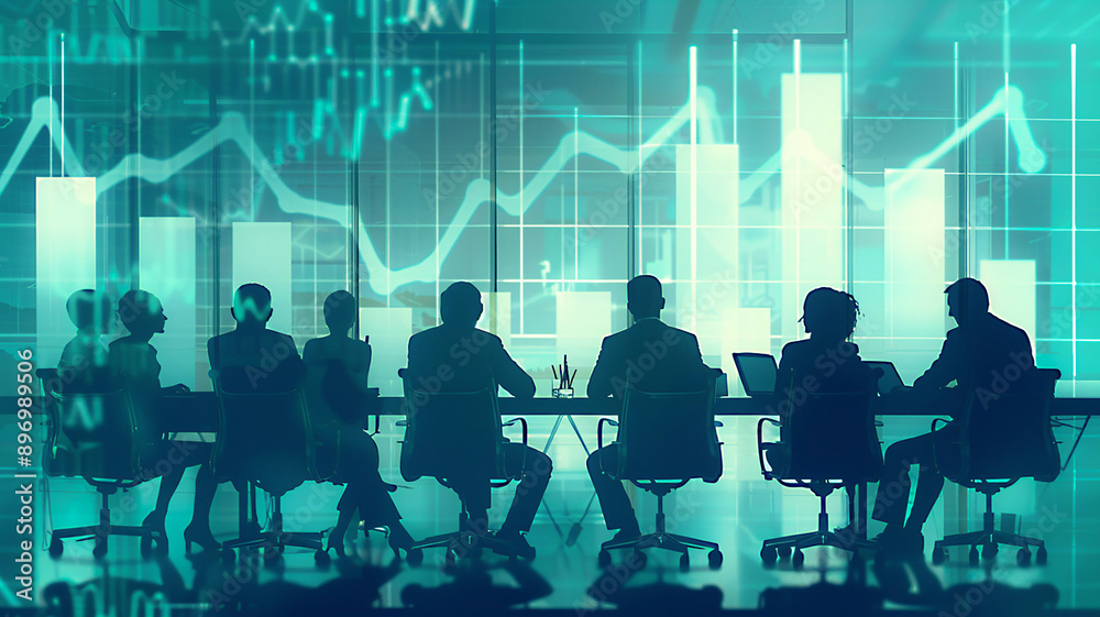 Vector illustration of business professionals in a strategic meeting, blurred stock graph chart, benchmarking data analysis, Vector illustration of business professionals in a strategic meeting, blurred stock graph chart, benchmarking data analysis,