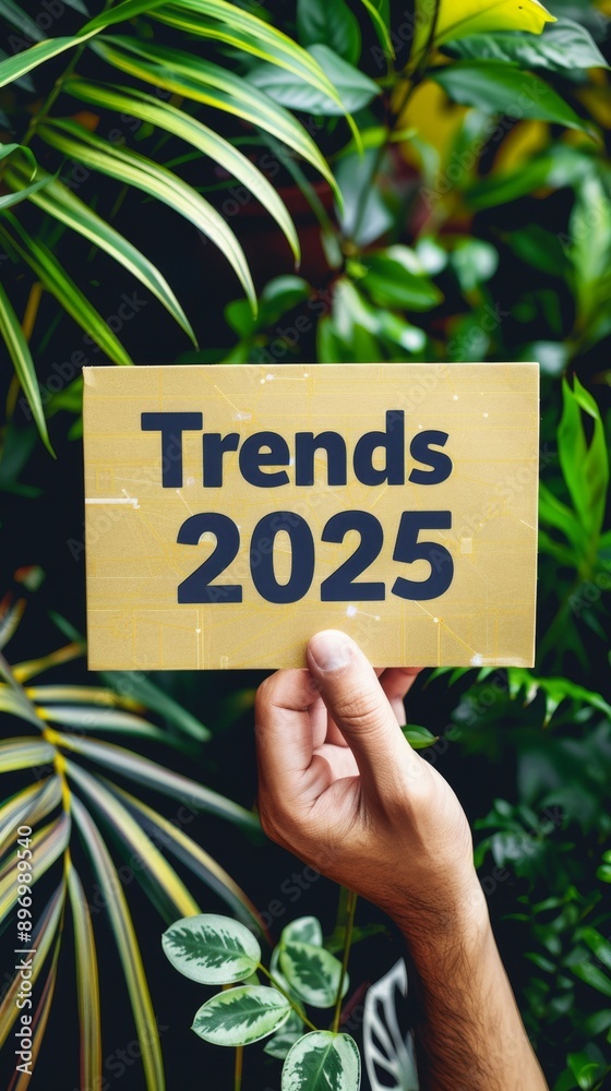2025 Business Trends Concept Hand Holding Yellow Template Sign Highlighting "Trends" for 2025