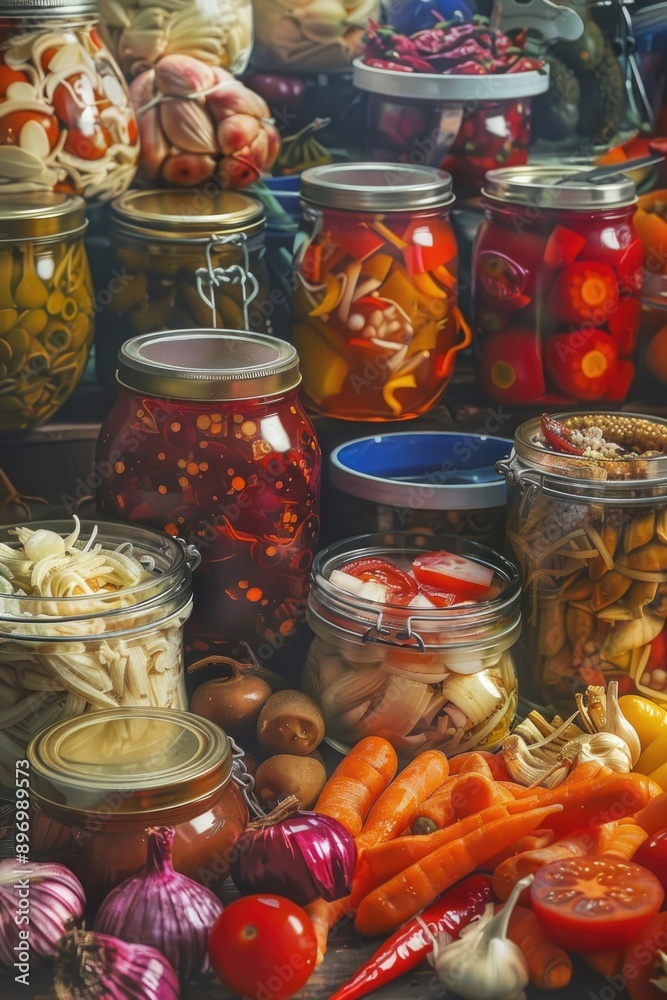 Variety of pickled and jarred foods, ready for sale or use. Variety of pickled and jarred foods, ready for sale or use.