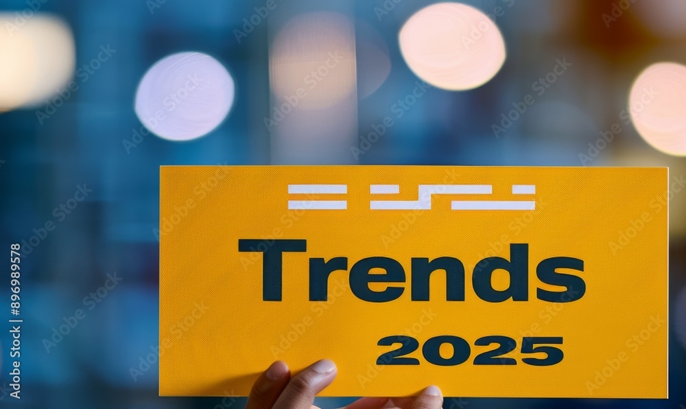 2025 Business Trends Concept Hand Holding Yellow Template Sign Highlighting "Trends" for 2025