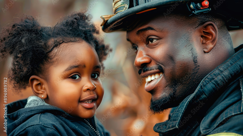A firefighter smiles warmly at a young girl, their shared moment of connection capturing a sense of warmth and security A firefighter smiles warmly at a young girl, their shared moment of connection capturing a sense of warmth and security