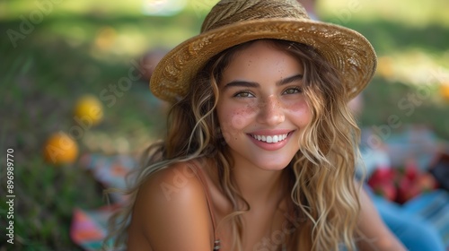 Woman Wearing Straw Hat Smiles Outdoors on Sunny Day © fotofabrika