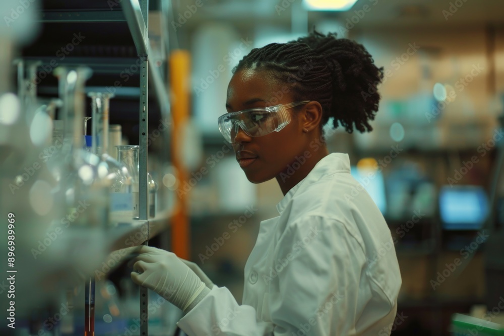 Female scientist in a laboratory, wearing protective gear and conducting research using advanced equipment. Female scientist in a laboratory, wearing protective gear and conducting research using advanced equipment.