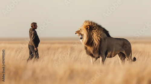 A man standing face-to-face with a roaring lion in a vast grassy plain or savannah during daylight.