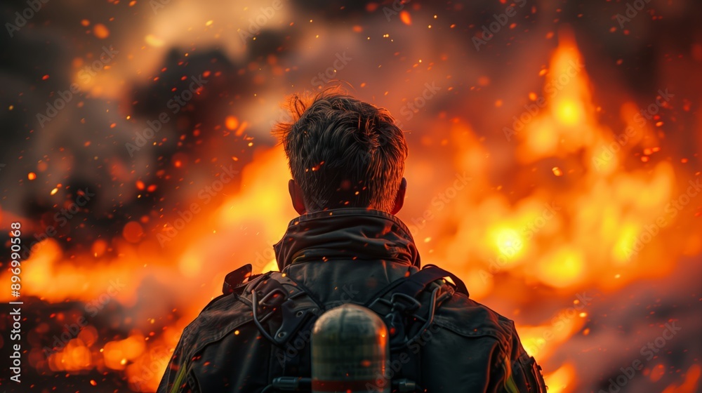 Firefighter Standing In Front Of A Large Blaze At Night