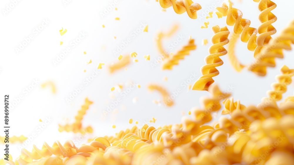 A close-up view of raw Italian pasta falling gracefully against a white background. Generative AI A close-up view of raw Italian pasta falling gracefully against a white background. Generative AI