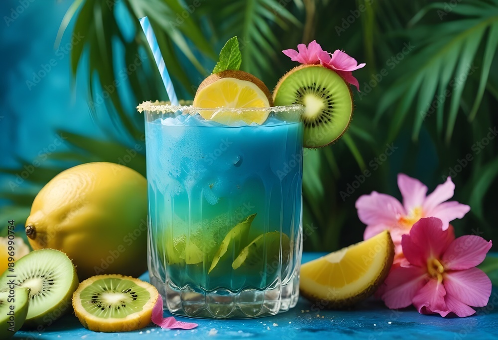 Fototapeta premium a close-up of a beautifully styled tropical drink with exotic fruits like pineapple and passion fruit,