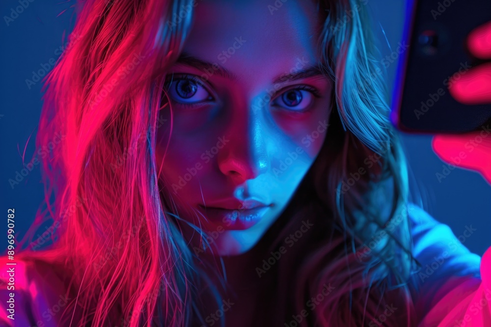 A woman in a glowing neon setting, holding a cell phone and taking her own portrait selfie. A woman in a glowing neon setting, holding a cell phone and taking her own portrait selfie.
