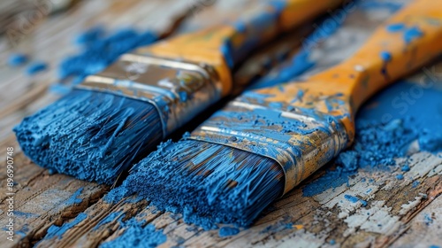 House renovation tools  old brushes, blue paint in tray, space for text or design