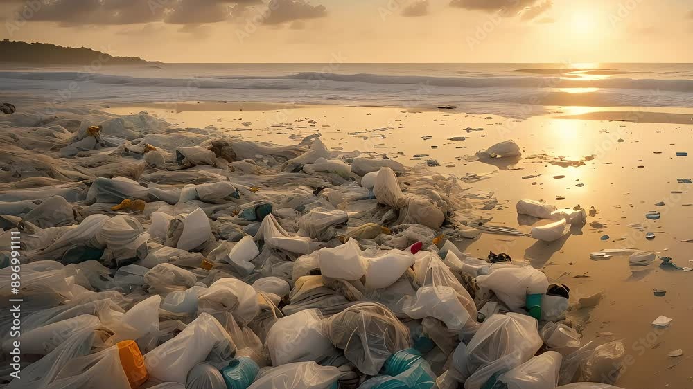 Heartbreaking view of beach covered in mounds of plastic waste, highlighting environmental degradation under a cloudy sky
