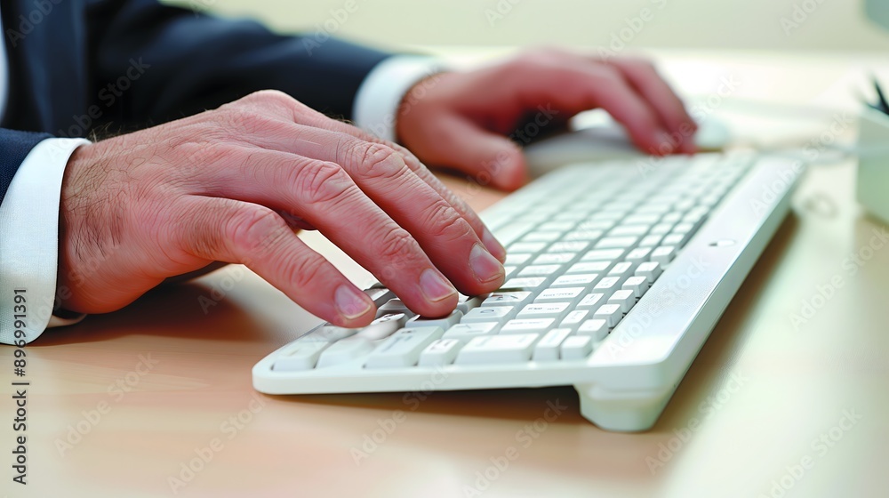 Close-Up of Hands Typing on White Keyboard, Office Work, Business Professional, Modern Workspace Close-Up of Hands Typing on White Keyboard, Office Work, Business Professional, Modern Workspace